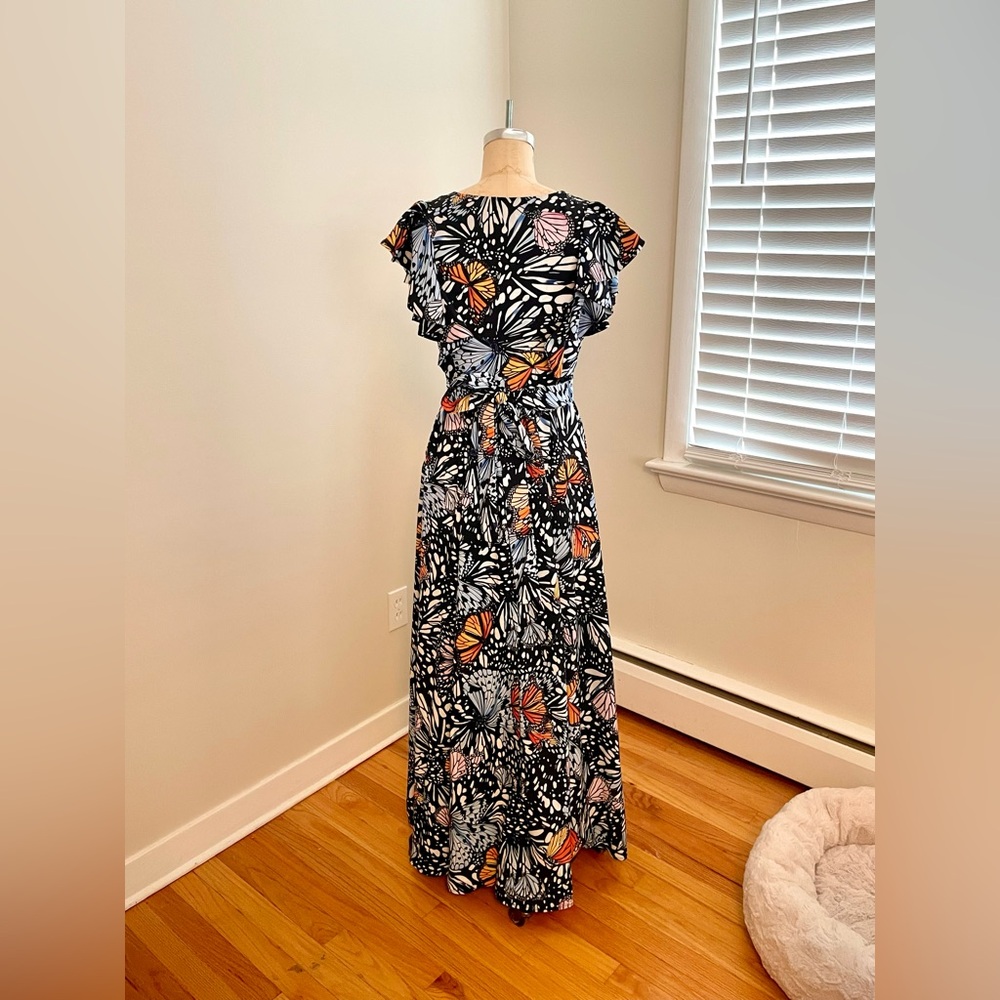 Aqua Black Butterfly Print Maxi Dress with Blue Orange Accents Sz M Runs Small - Picture 5 of 11
